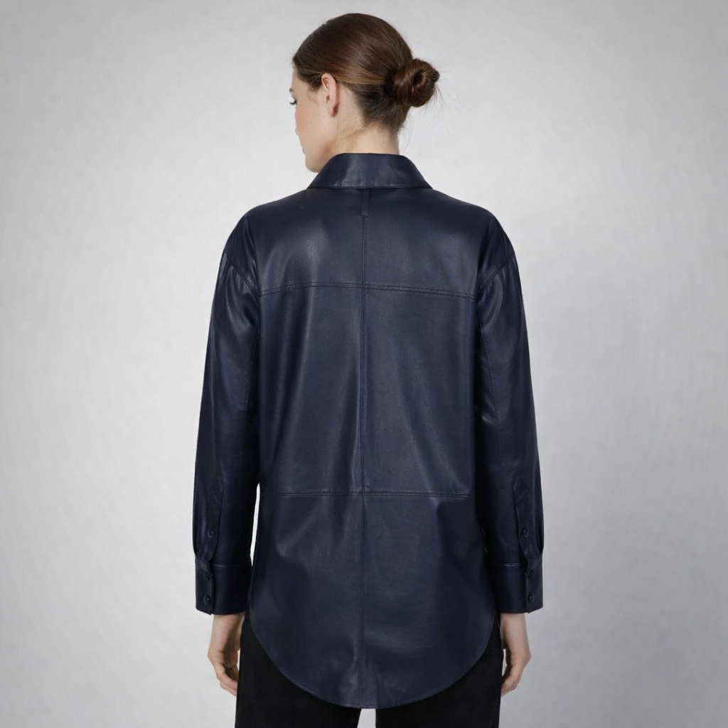 Women's Blue Oversized Leather Shirt - Back