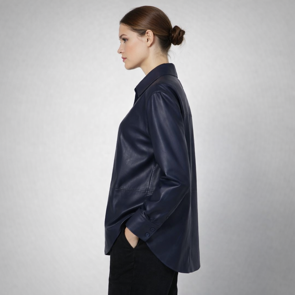 Women's Blue Oversized Leather Shirt - Left