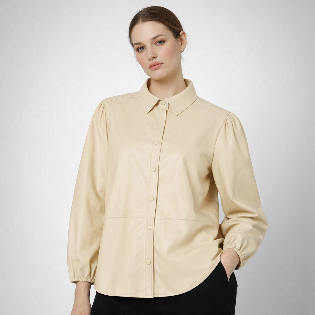 Women's Beige Long Sleeve Leather Shirt - Front