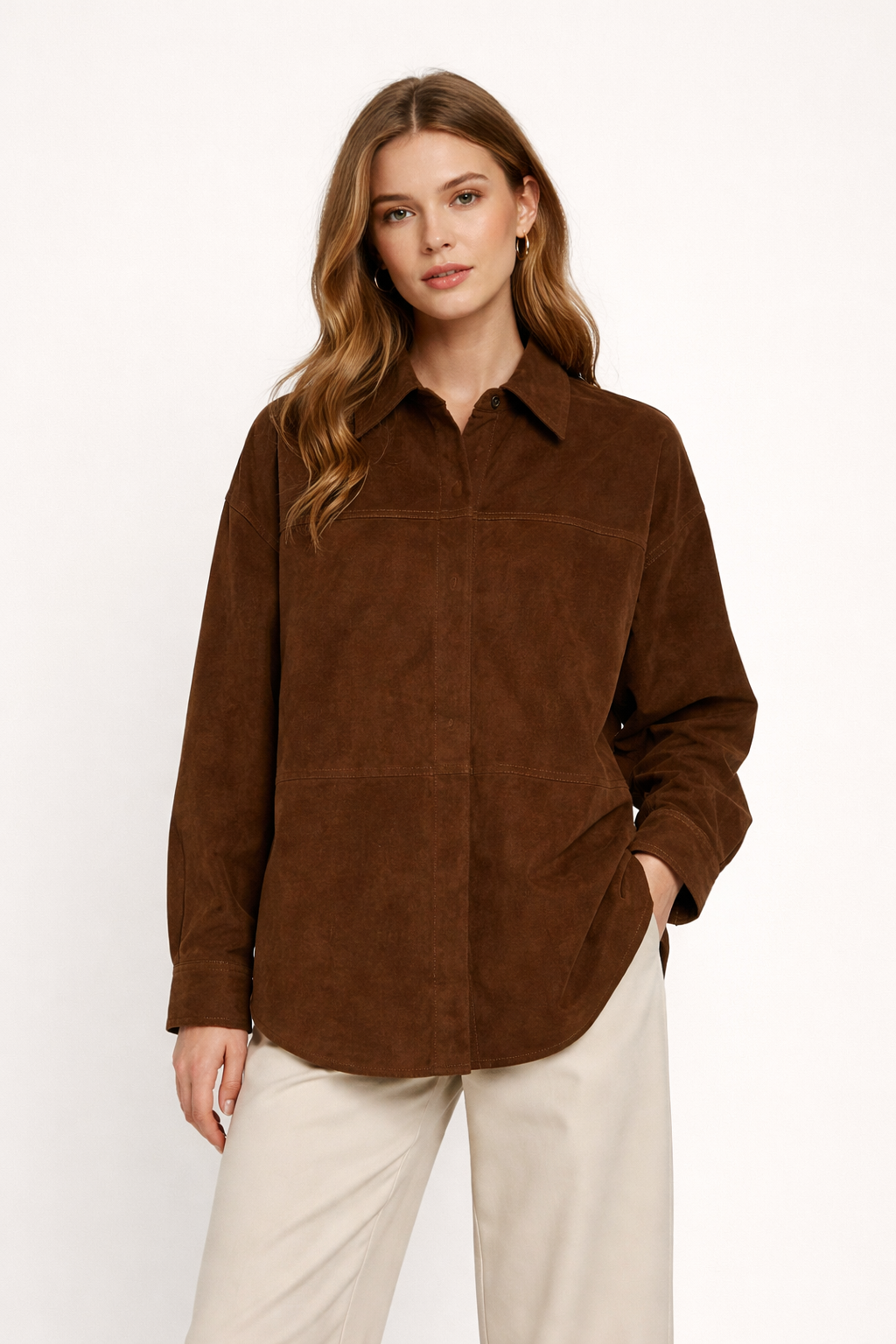Women's Brown Suede Shirt Jacket - Front