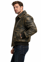 A2 Distressed Aviator Bomber Brown Leather Jacket - Back