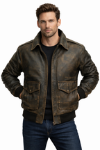 A2 Distressed Aviator Bomber Brown Leather Jacket - Front