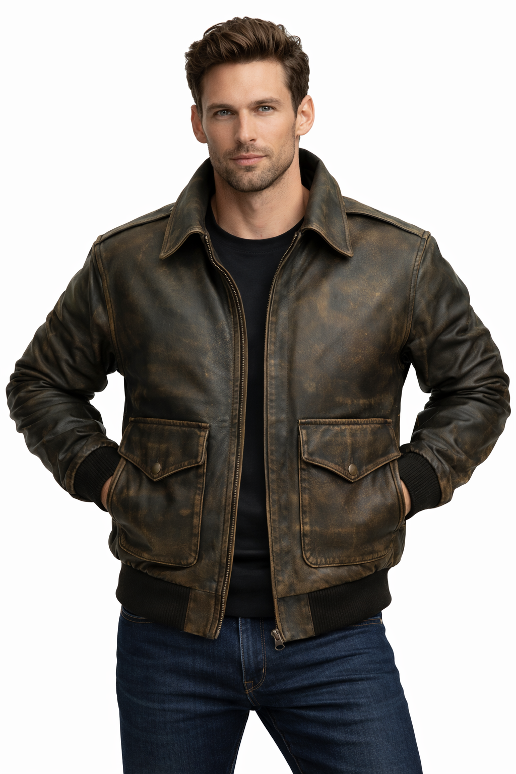 A2 Distressed Aviator Bomber Brown Leather Jacket - Front