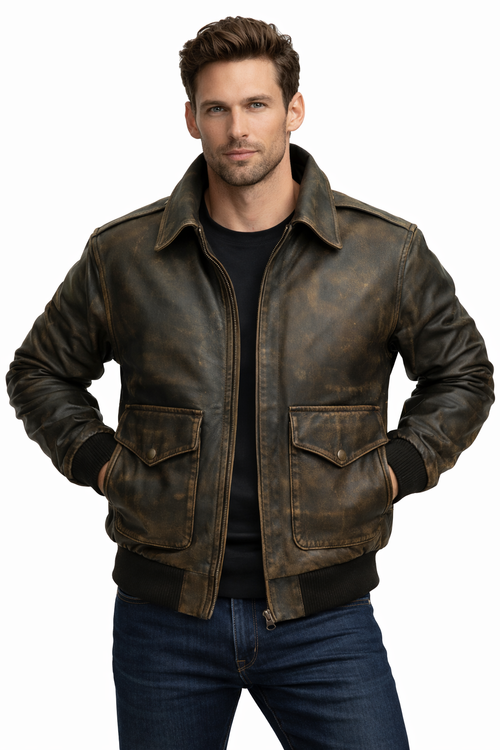 A2 Distressed Aviator Bomber Brown Leather Jacket - Front