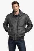 Men's Grey Leather Flight Bomber Jacket Aviator Style - Front
