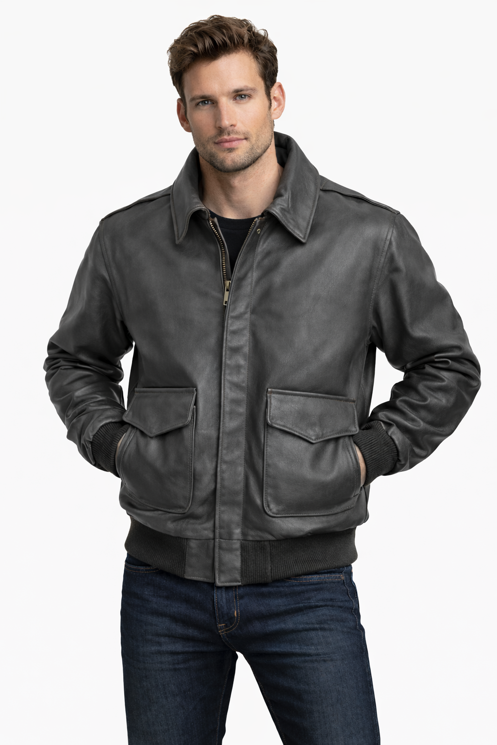 Men's Grey Leather Flight Bomber Jacket Aviator Style - Front