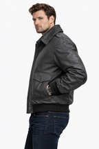 Men's Grey Leather Flight Bomber Jacket Aviator Style - Back