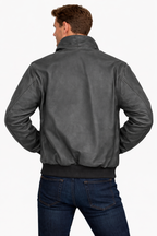 Men's Grey Leather Flight Bomber Jacket Aviator Style - Left