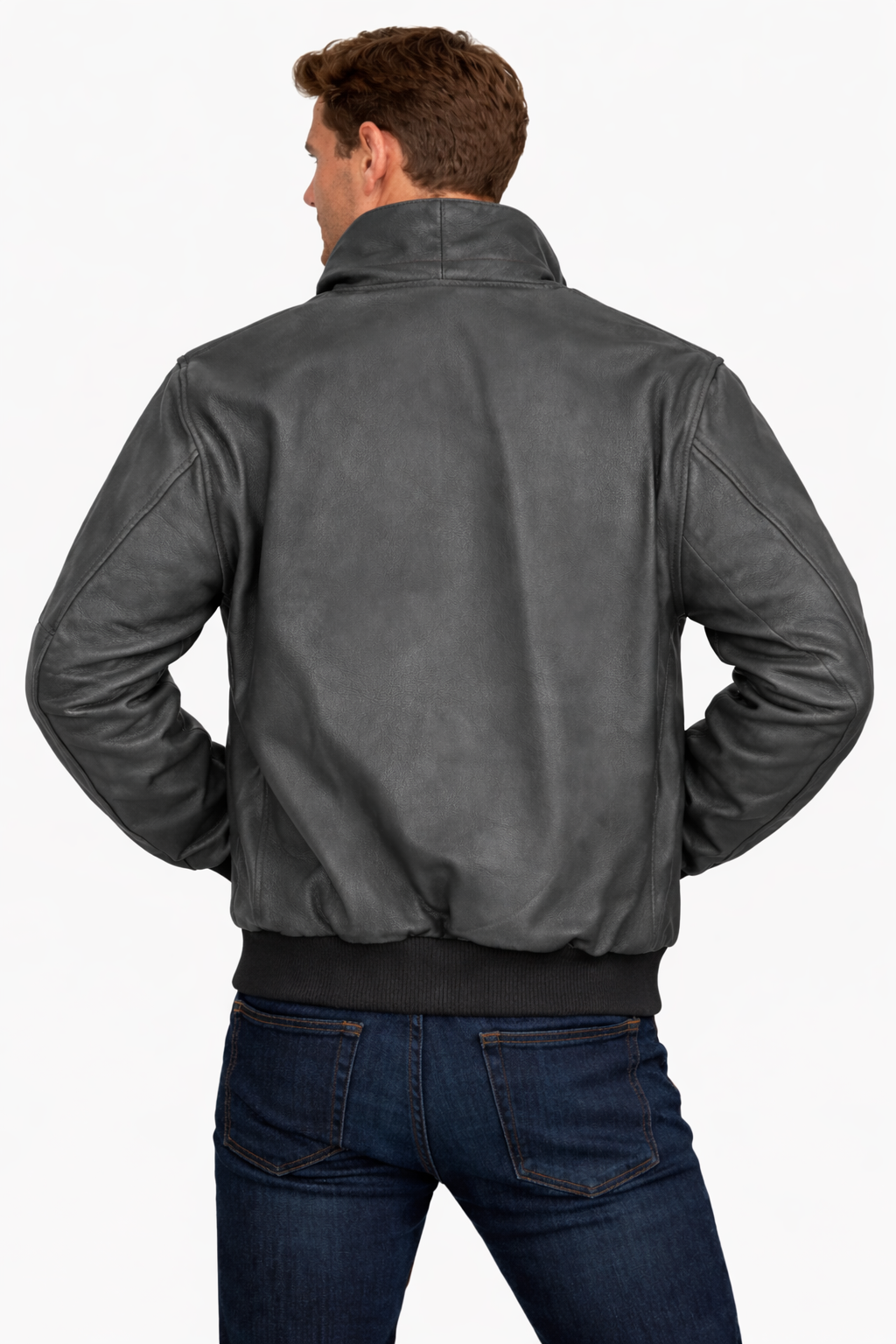 Men's Grey Leather Flight Bomber Jacket Aviator Style - Left