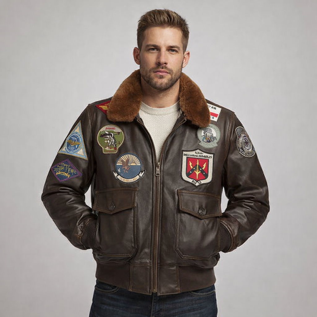 Men's Brown Leather Jacket - Front