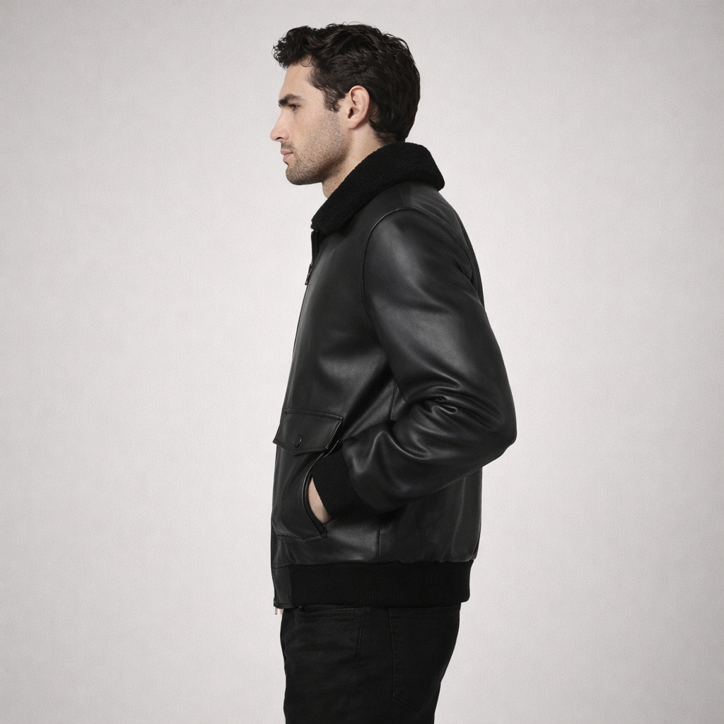 Men's Lambskin Leather Biker Jacket - Back