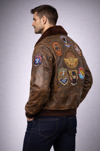 Men's Brown Leather Jacket with Fur Collar - Back