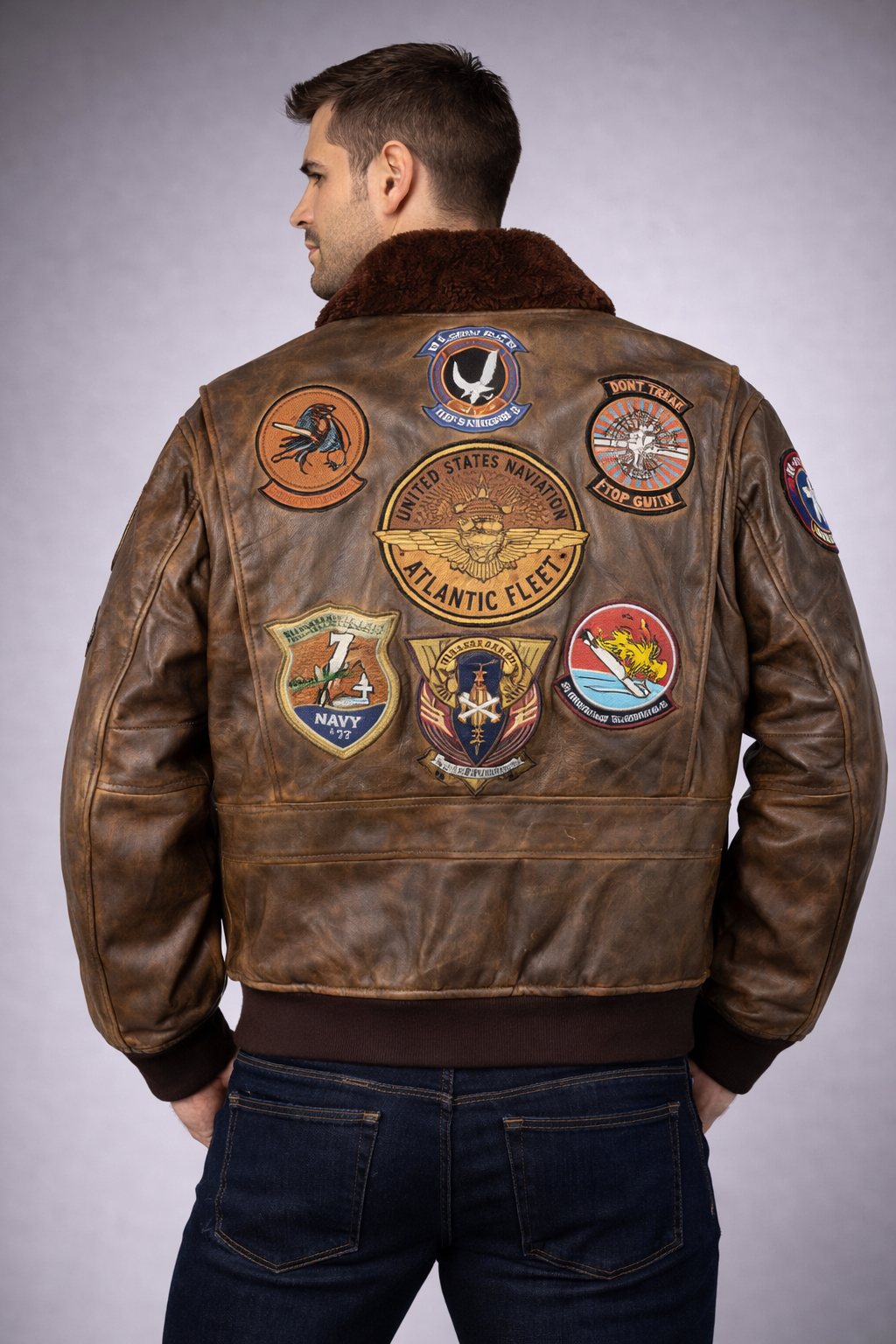 Men's Brown Leather Jacket with Fur Collar - Left