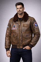 Men's Brown Leather Jacket with Fur Collar - Front