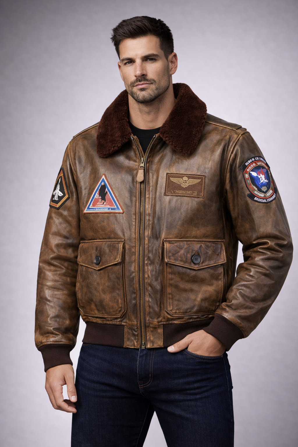 Men's Brown Leather Jacket with Fur Collar - Front