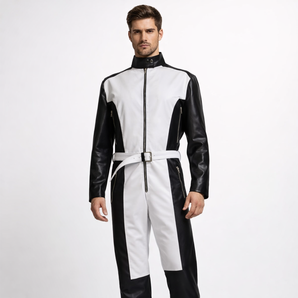 White and Black Leather Overall Jumpsuit - Front