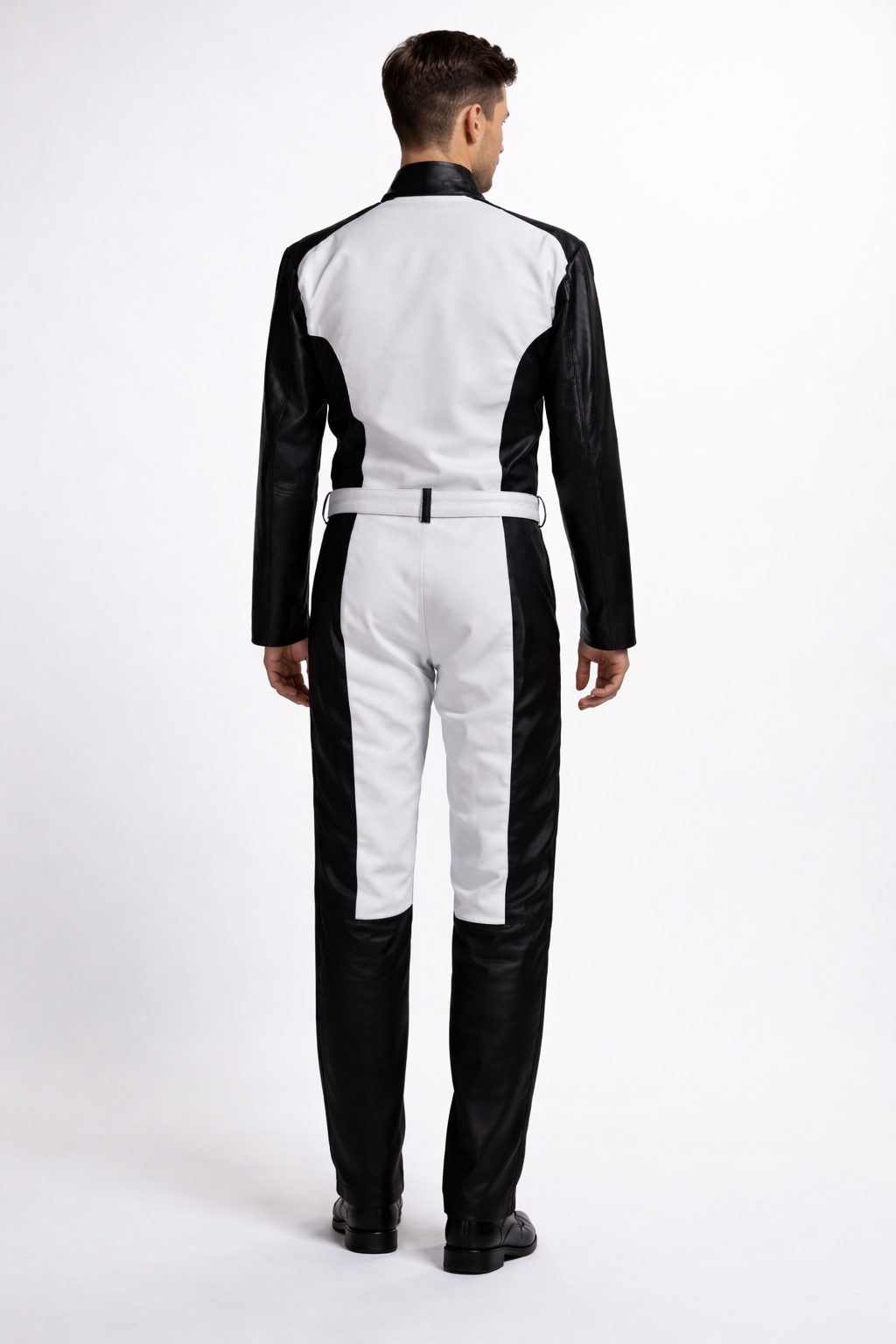 White and Black Leather Overall Jumpsuit - Left