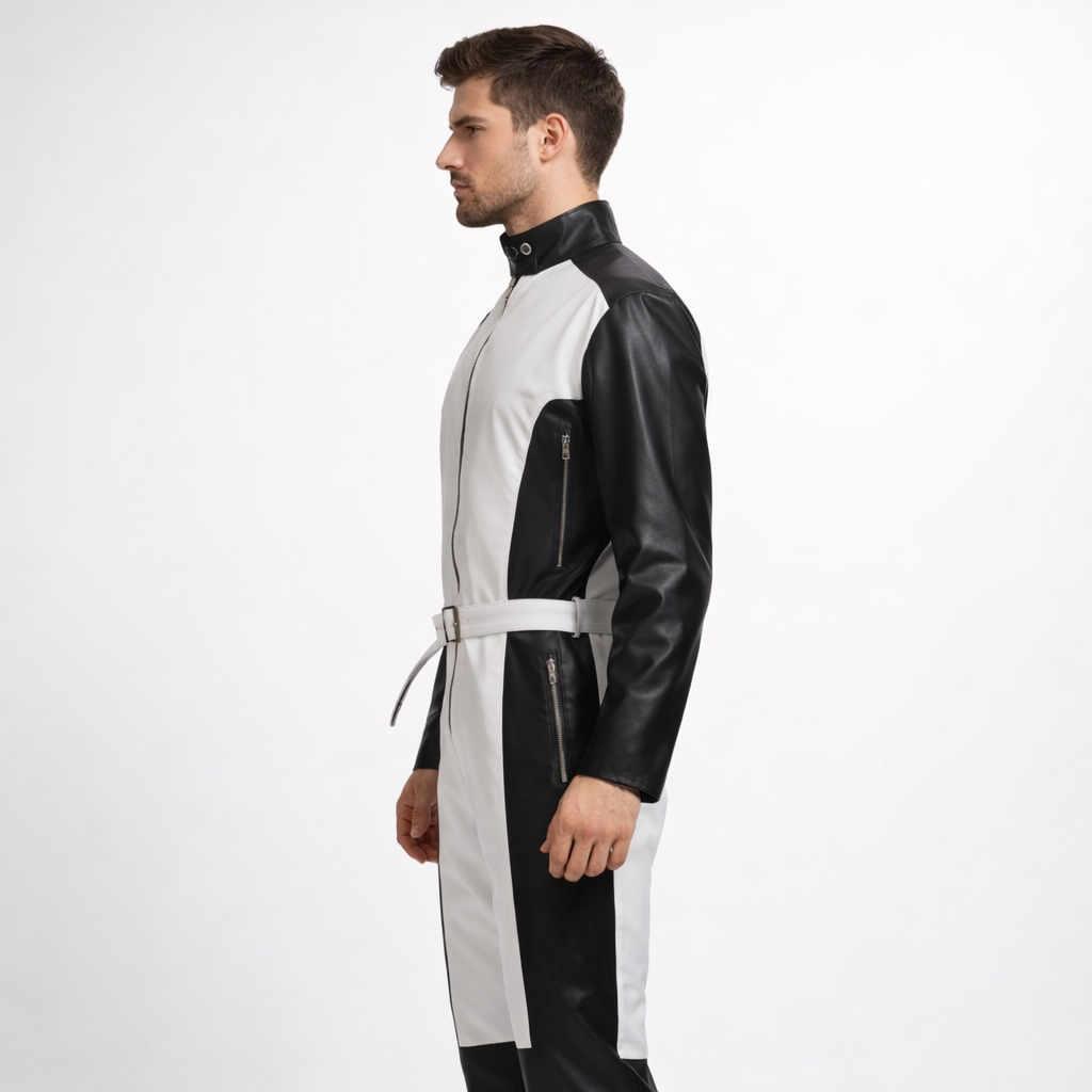 White and Black Leather Overall Jumpsuit - Back