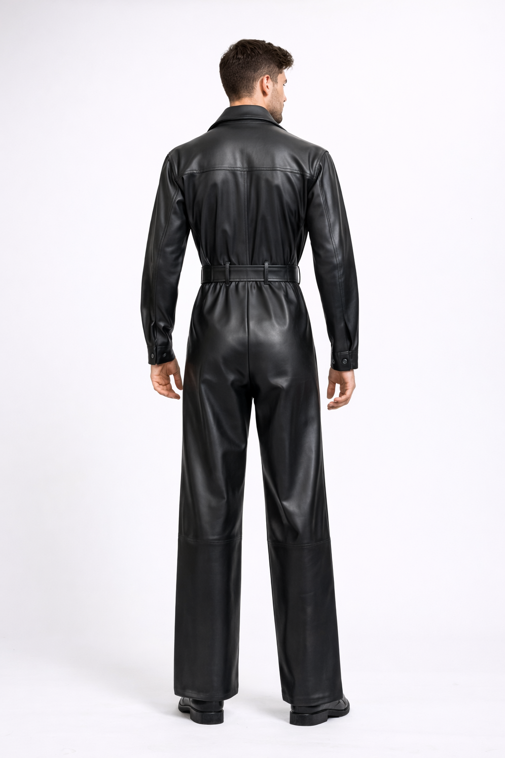 Men's Black Leather Jumpsuit - Left
