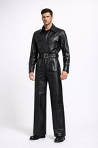 Men's Black Leather Jumpsuit - Front