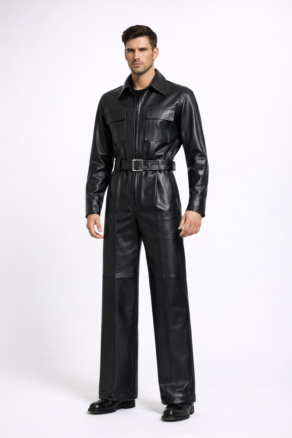 Men's Black Leather Jumpsuit - Front