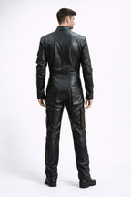 Men's Black Leather Jumpsuit One Piece - Left