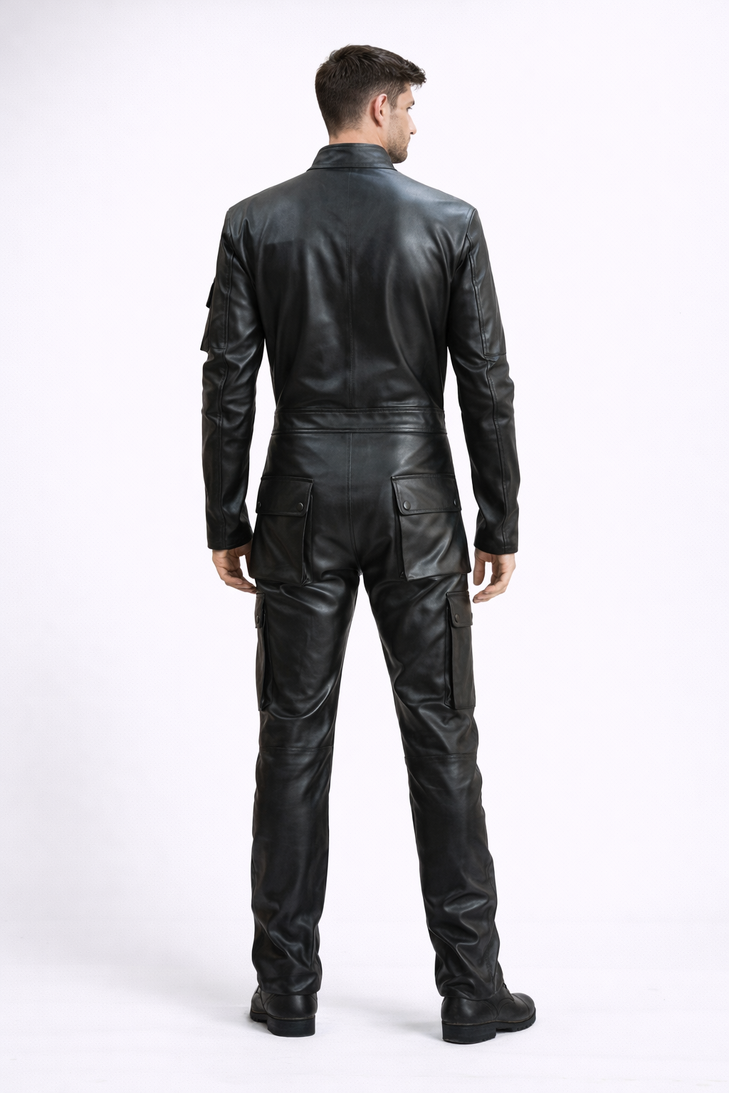 Men's Black Leather Jumpsuit One Piece - Left