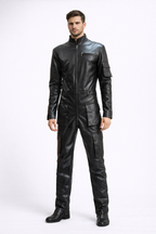 Men's Black Leather Jumpsuit One Piece - Front