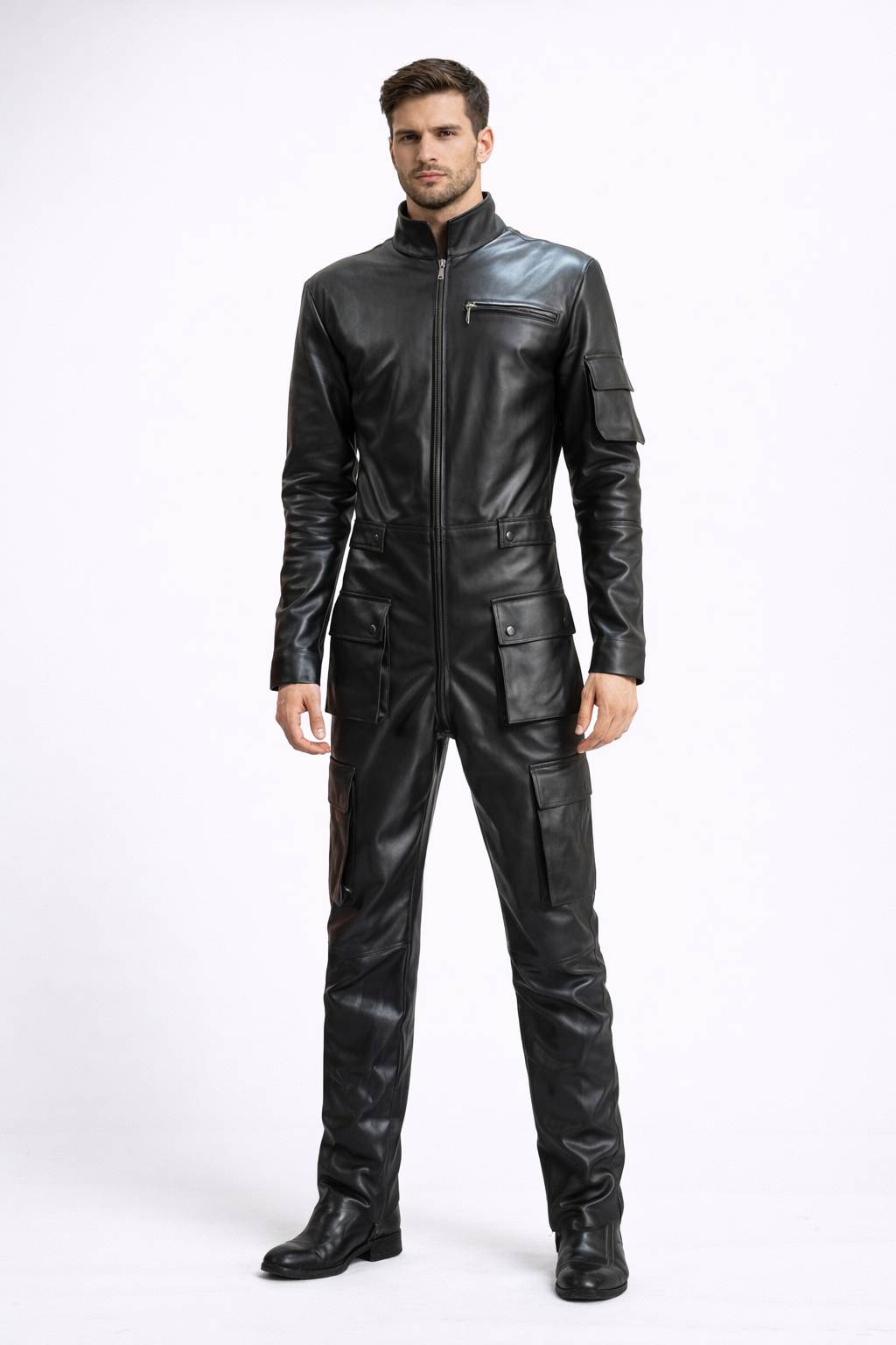 Men's Black Leather Jumpsuit One Piece - Front
