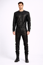Men's Black Slim Fit Leather Jacket - Front