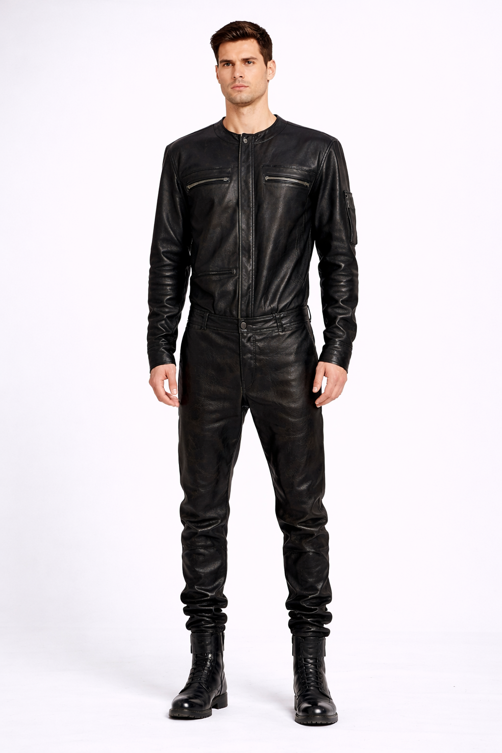 Men's Black Slim Fit Leather Jacket - Front