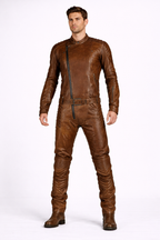 Men's Brown Leather Racing Jumpsuit - Front