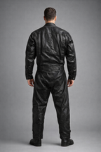 Men's Sheepskin Black Leather Jumpsuit - Back