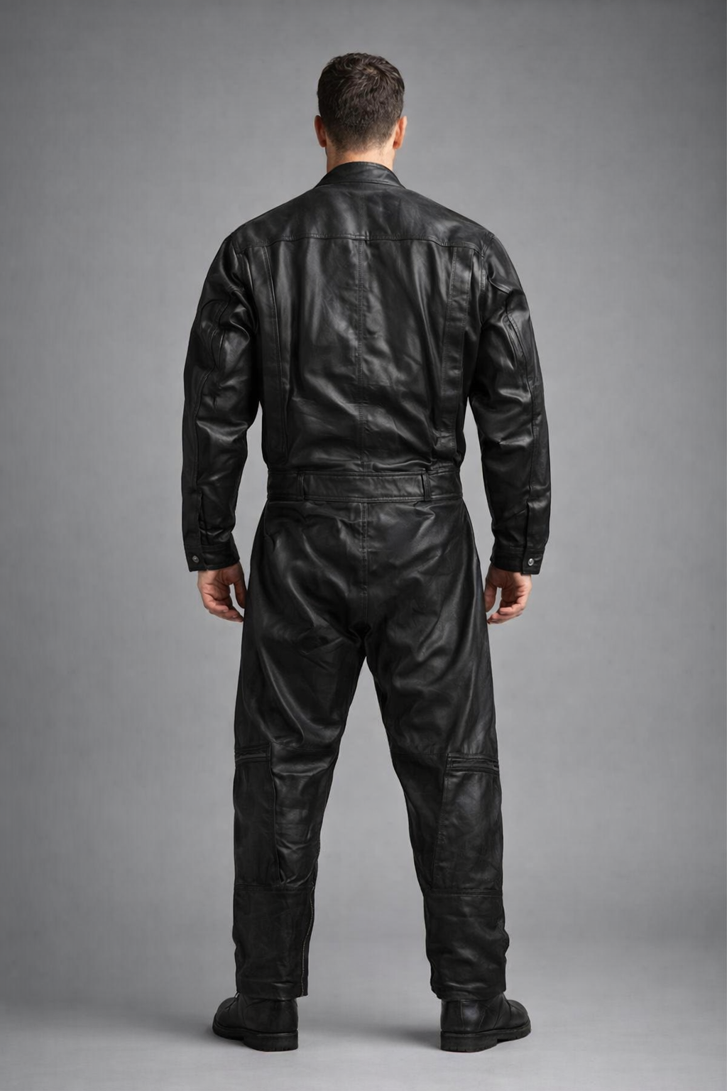Men's Sheepskin Black Leather Jumpsuit - Back