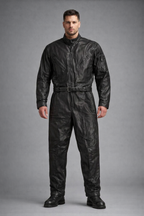 Men's Sheepskin Black Leather Jumpsuit - Front