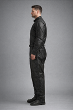 Men's Sheepskin Black Leather Jumpsuit - Left