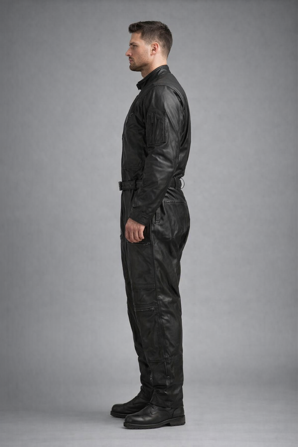 Men's Sheepskin Black Leather Jumpsuit - Left