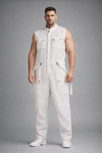 Men's White Sleeveless Linen Jumpsuit - Front