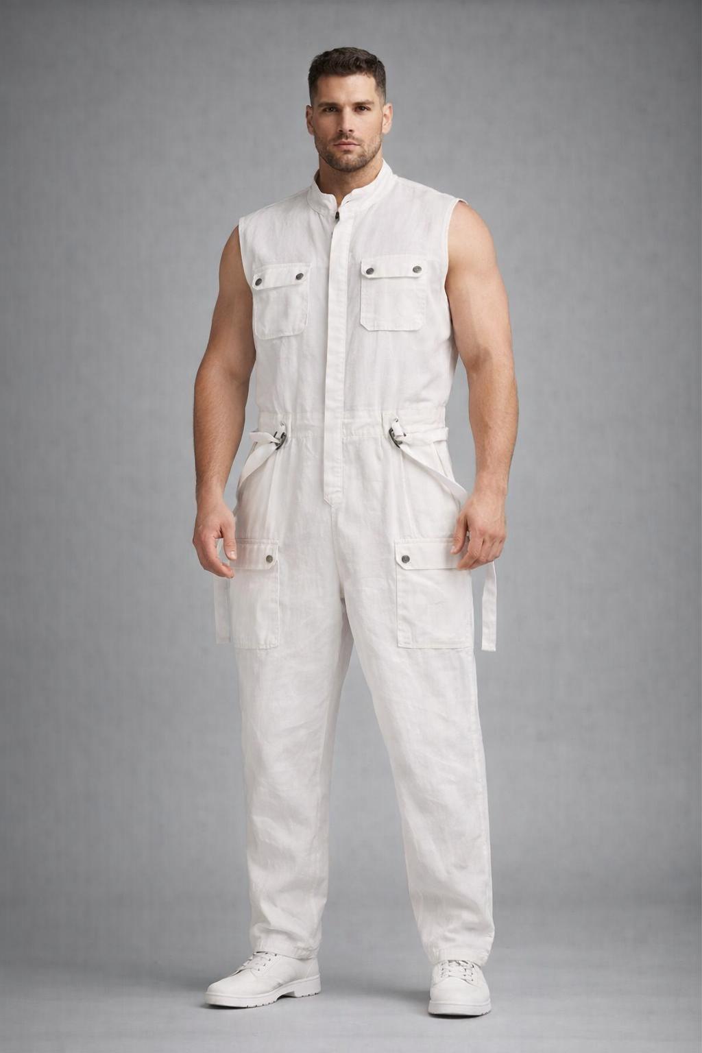 Men's White Sleeveless Linen Jumpsuit - Front
