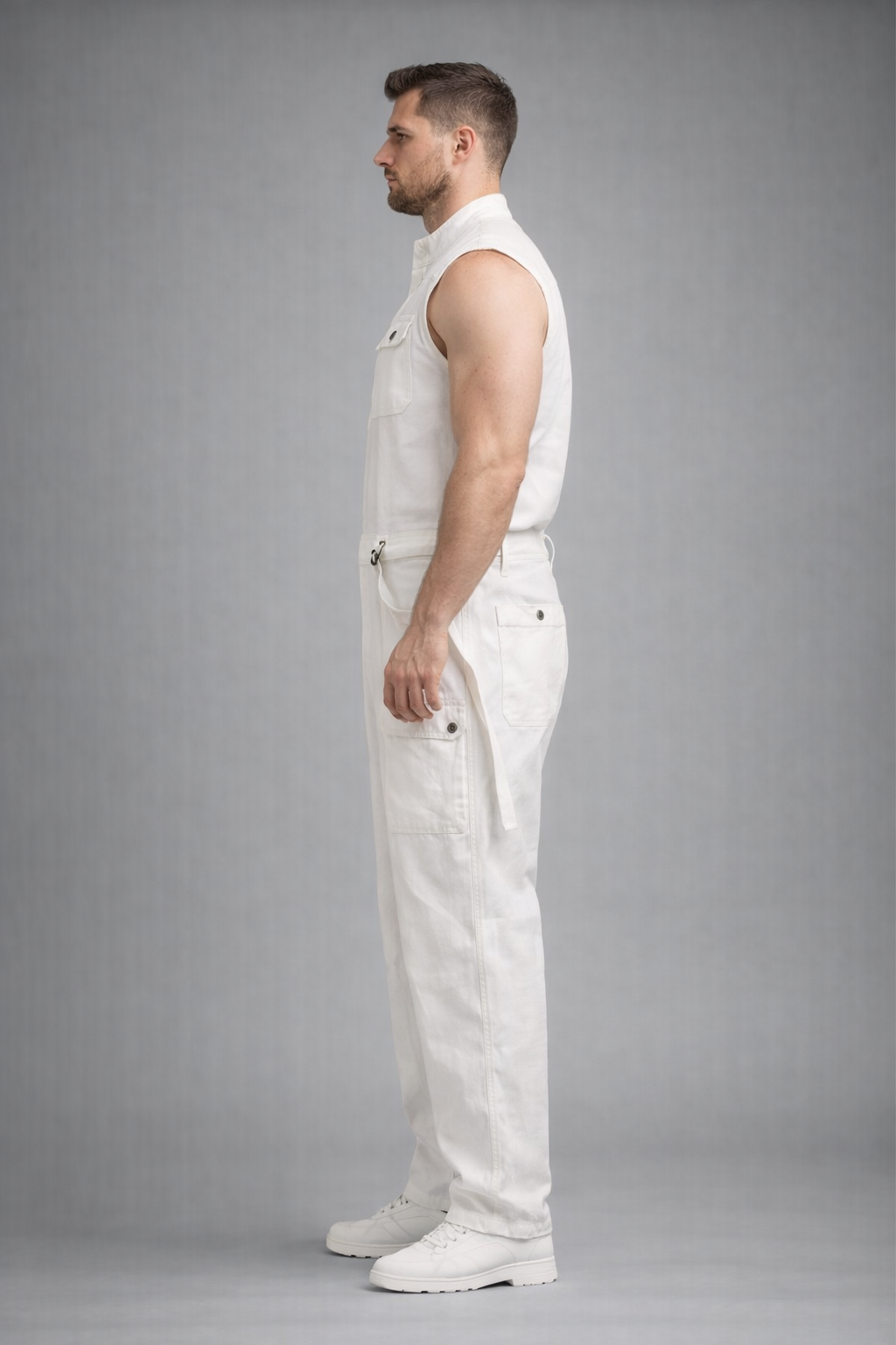 Men's White Sleeveless Linen Jumpsuit - Left