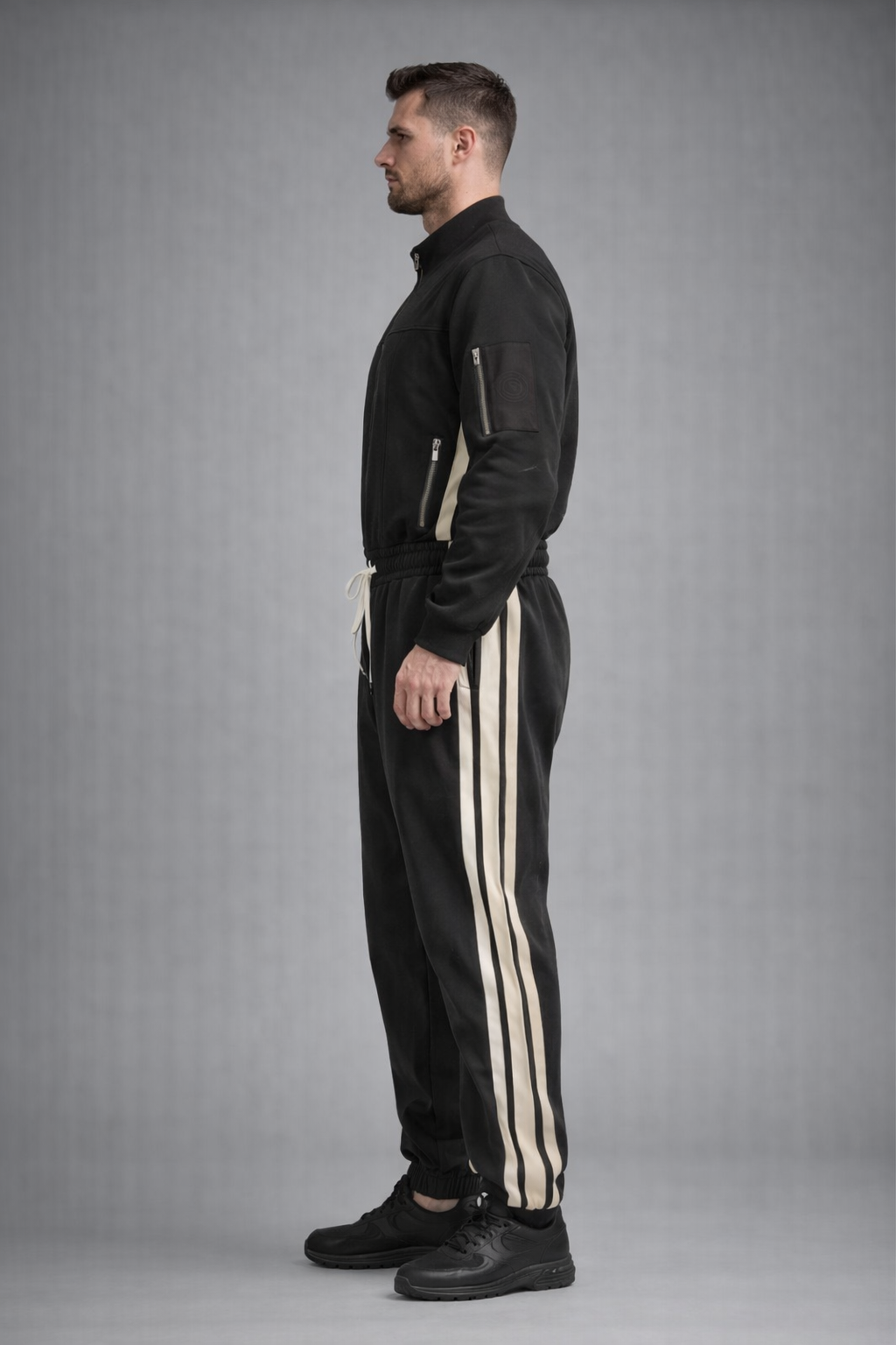 Men's Black Track Leather Jumpsuit - Back