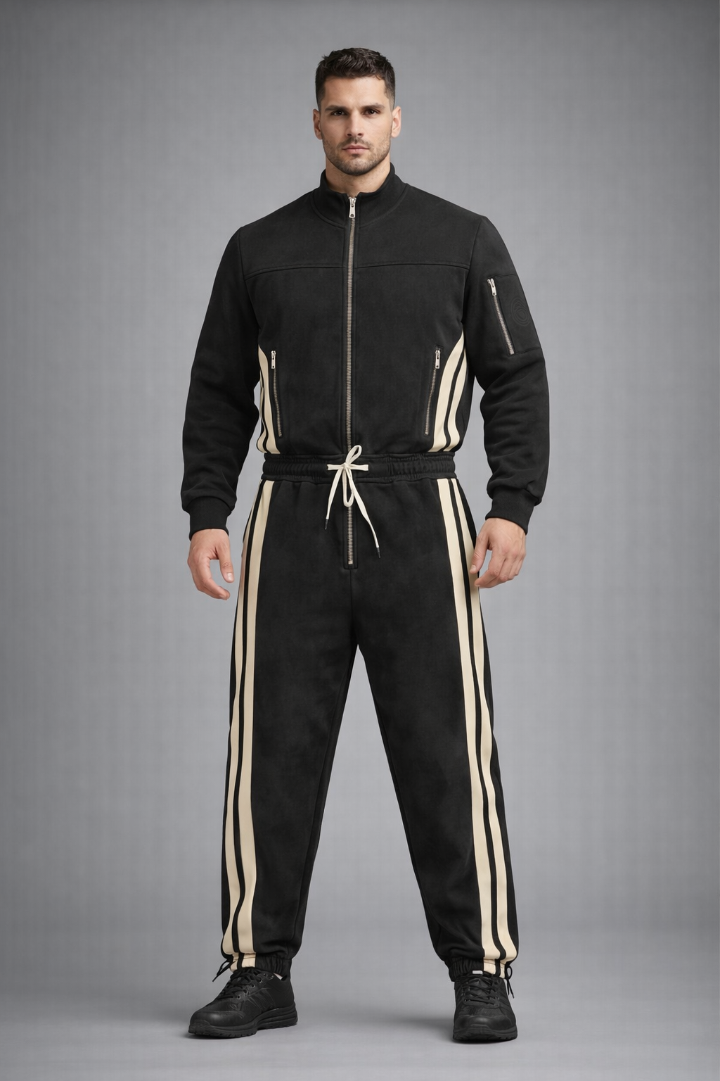 Men's Black Track Leather Jumpsuit - Front