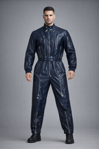 Men's Blue Leather Biker Jumpsuit - Front