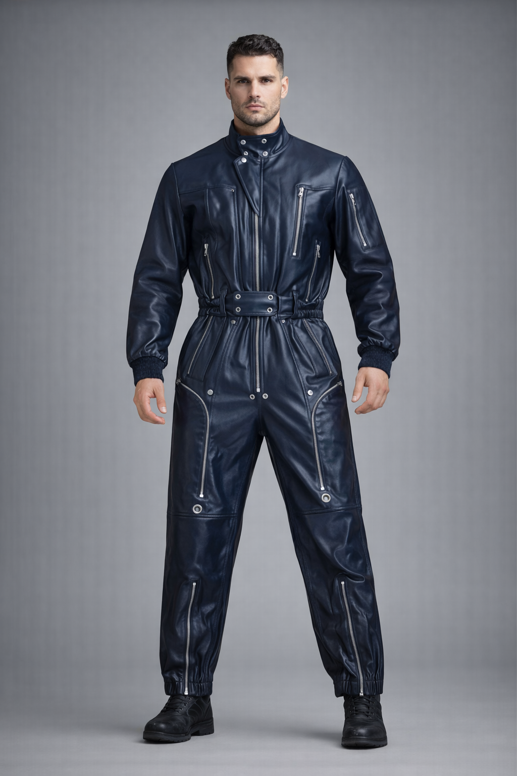 Men's Blue Leather Biker Jumpsuit - Front