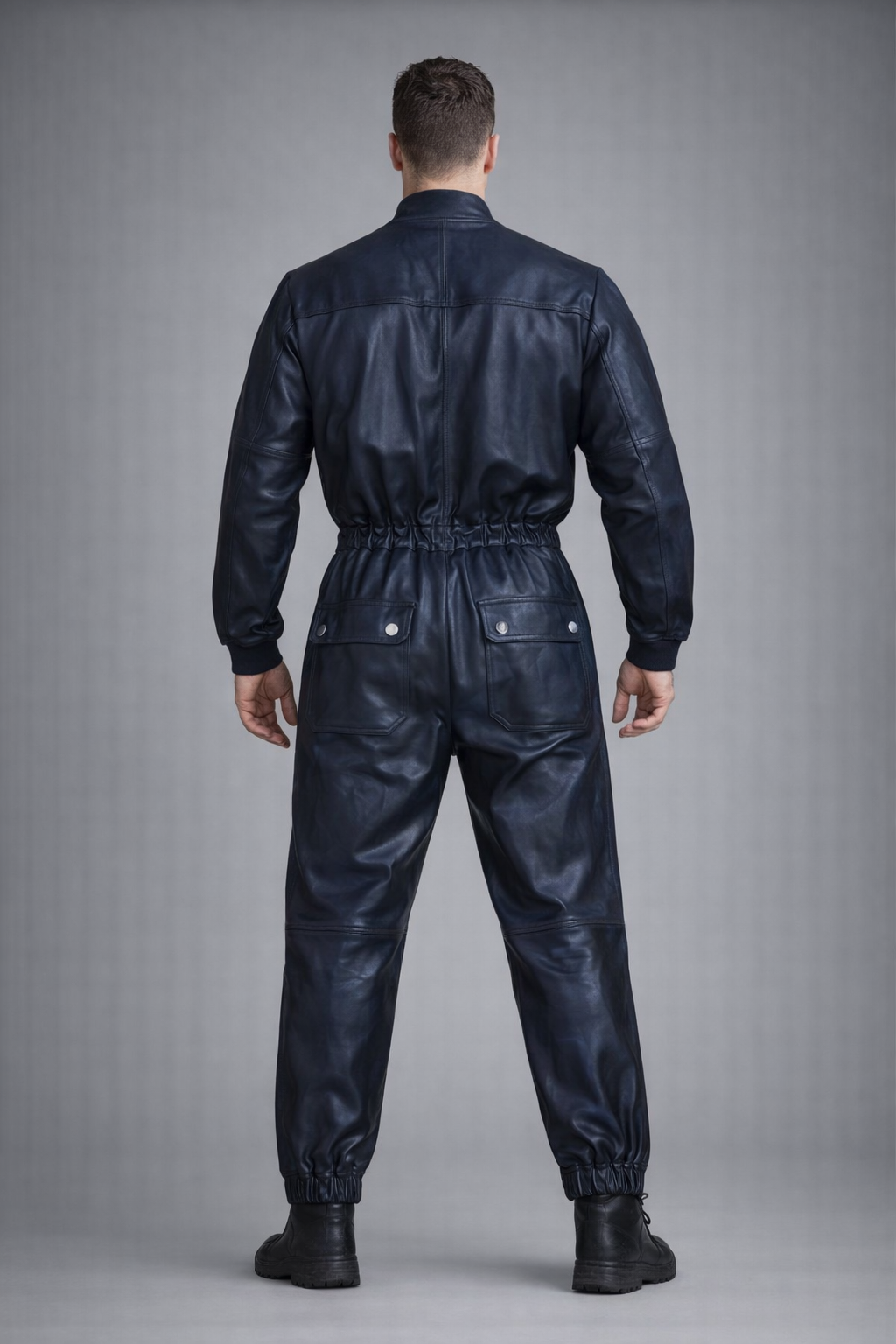 Men's Blue Leather Biker Jumpsuit - Back
