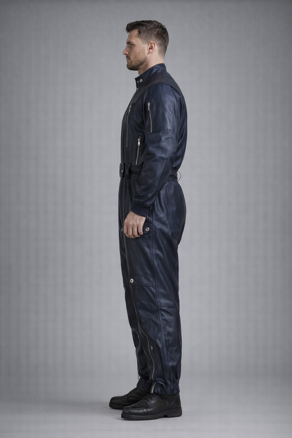 Men's Blue Leather Biker Jumpsuit - Left