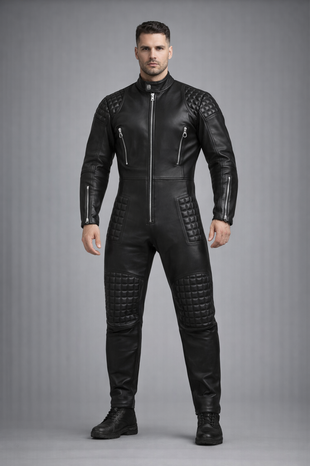 Men's Leather Jumpsuit Bodysuit and Biker Suit - Front