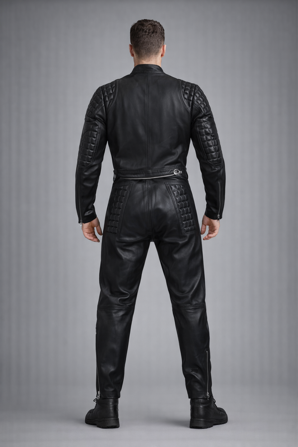 Men's Leather Jumpsuit Bodysuit and Biker Suit - Back