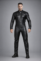 Black Leather Biker Jumpsuit - Front