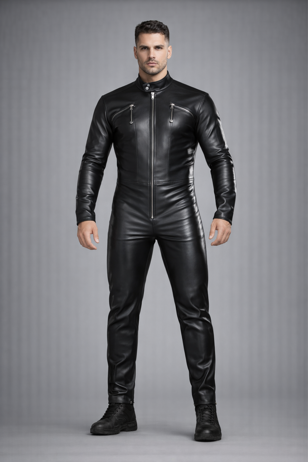 Black Leather Biker Jumpsuit - Front